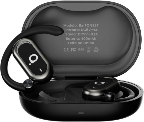 Fone de Ouvido Bluetooth TWS Esportivo, Som Estéreo Hi-Fi, IPX5 à Prova D'Água, Conexão Automática, Carregamento Tipo C, Ba-FON157-preto